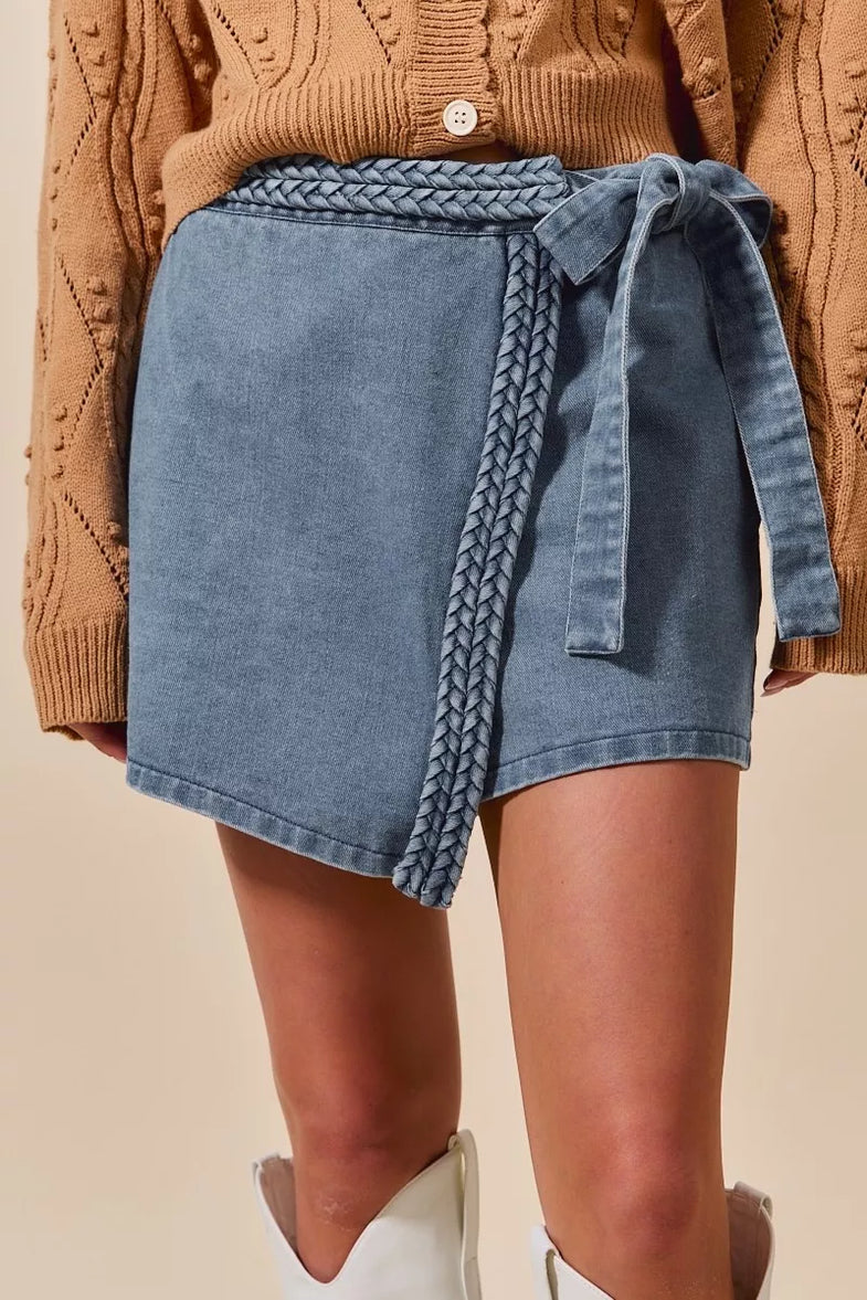 SO ME Wrap Braided Trimmed Denim Skort - SwagglyLife Home & Fashion